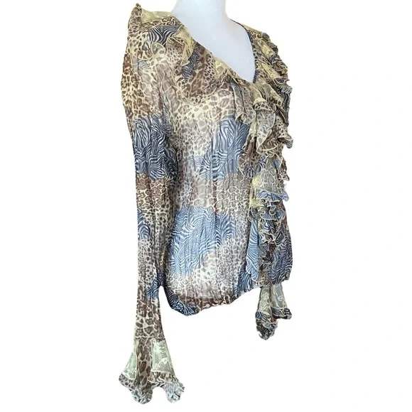NWT 90s Y2K Vintage MK Solo Animal Print Sheer Ruffle Blouse Lace. Size XL - Picture 4 of 12
